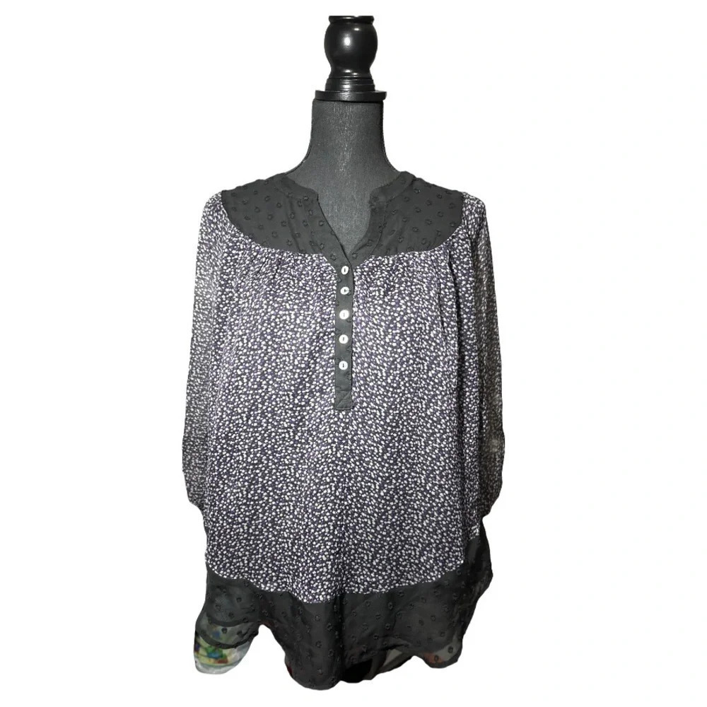 Daniel Rainn Black Floral Sheer V-Neck Long Sleeve Dressy Blouse Size Small